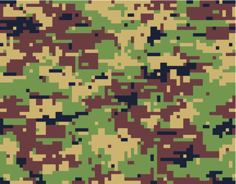 Camouflage seamless pattern. Military woodland summer print. Pixelated digital shapes. Four colors (green, brown, ocher-yellow, black).