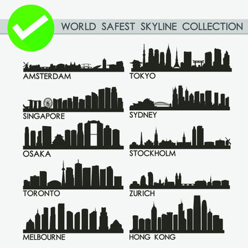 World Safest Cities Skyline Silhouette Icon Flat Vector Design Collection Set