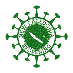 New Caledonia Reopening Stamp. Green round badge of country with map of New Caledonia. Country opening after lockdown. Vector illustration.