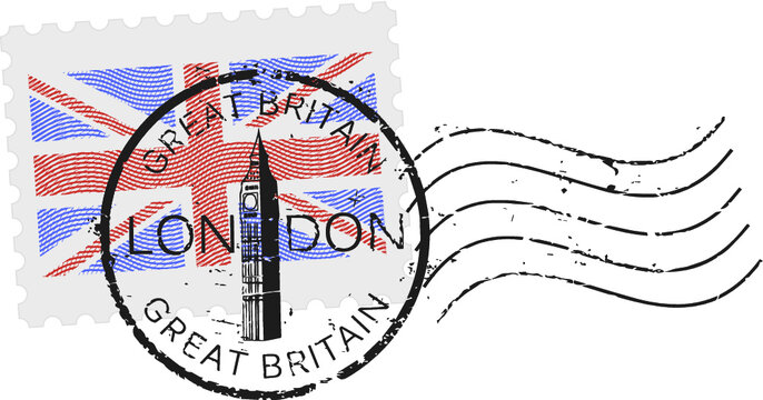 Postal stamp symbols 'London - Great Britain' with the 'Big Ben' tower and Union Jack - British flag (engraved, woodcut effect).