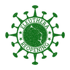 Eleuthera Reopening Stamp. Green round badge of island with map of Eleuthera. Island opening after lockdown. Vector illustration.