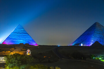 Great Pyramid of Giza illuminated at night, UNESCO World Heritage site, Cairo, Egypt.