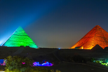 Great Pyramid of Giza illuminated at night, UNESCO World Heritage site, Cairo, Egypt.