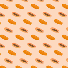 Seamless pattern of tropical fruit papaya. Exotic food pawpaw half cutted and whole. Orange background. Flat vector illustration of asian vegetables. 