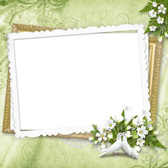 White delicate frame for wedding photos. Wedding memory album. Scrapbook style. Digital scrapbooking. 