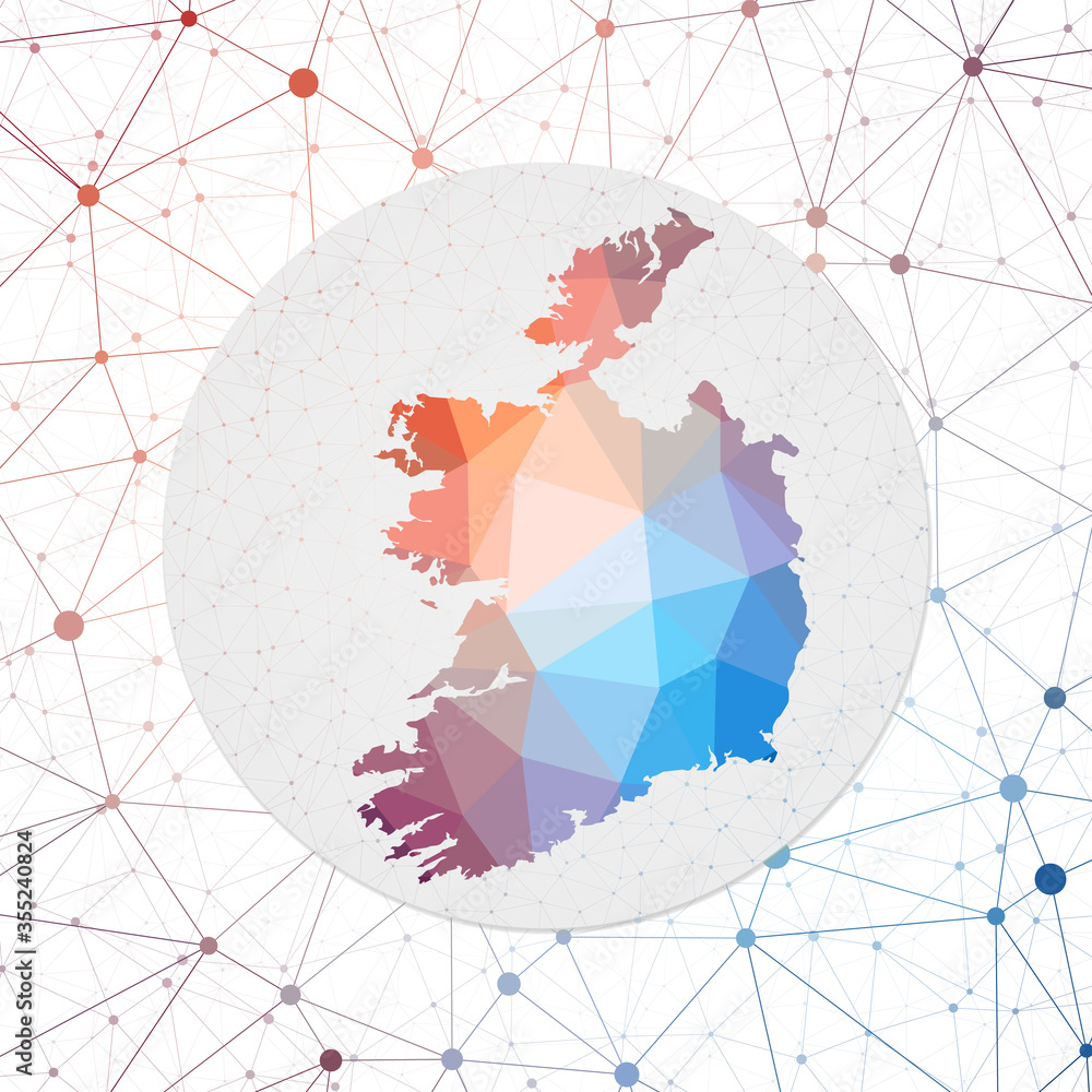 Poster Abstract vector map of Ireland. Technology in the country geometric style poster. Polygonal Ireland map on 3d triangular mesh background. EPS10 Vector.