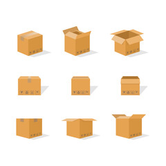 set icons Carton delivery packaging open and closed box with fragile signs. Cardboard box mockup set isolated on white background. Vector EPS 10