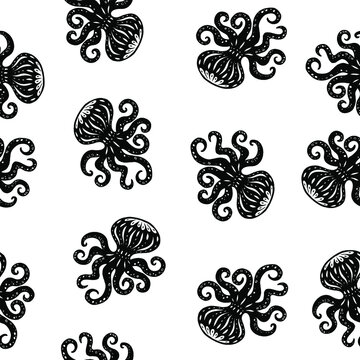 Octopus hand drawn illustrations isolated on white background seamless pattern. Modern vector clipart for packaging, textile design. Isolated decorative elements in cut out folk style.