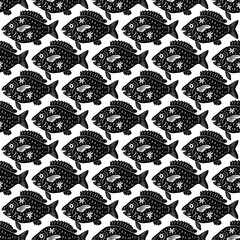 Red Snapper in modern cartoon folk style seamless pattern. Isolated sardines, fish silhouettes on white background, vector illustration for restaurant menu, marine decor.