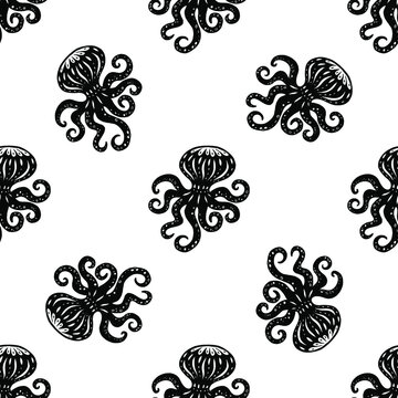 Octopus hand drawn illustrations isolated on white background seamless pattern. Modern vector clipart for packaging, textile design. Isolated decorative elements in cut out folk style.