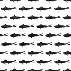 Sardines in modern style seamless pattern. Isolated fish silhouettes on white background, vector illustration for restaurant menu, marine decor.
