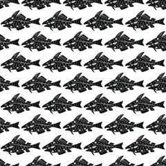 Cod fish in modern cartoon style seamless pattern. Isolated silhouettes on white background repeating, vector illustration for restaurant menu, marine decor. Scandinavian simple design for packaging.