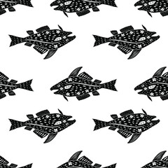 Cod fish in modern cartoon style seamless pattern. Isolated silhouettes on white background repeating, vector illustration for restaurant menu, marine decor. Scandinavian simple design for packaging.