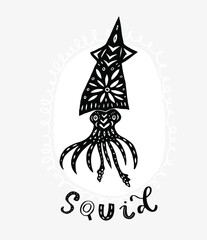 Obraz premium Squid silhouette. Decorative ornament shape isolated on background. Modern cutout linocut style poster. Hand drawn lettering title. Modern vector illustration.