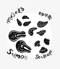 Seafood silhouettes shapes isolated on background. Modern cutout linocut style poster. Hand drawn food symbols. Modern vector illustration.