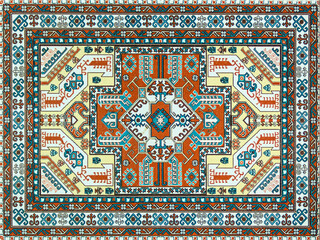 Colorful oriental pixel mosaic rug with traditional folk geometric ornament. Carpet border frame pattern.