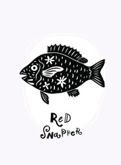 Red Snapper in modern cartoon folk style. Isolated fish silhouette on white background, vector illustration for restaurant menu, marine decor.