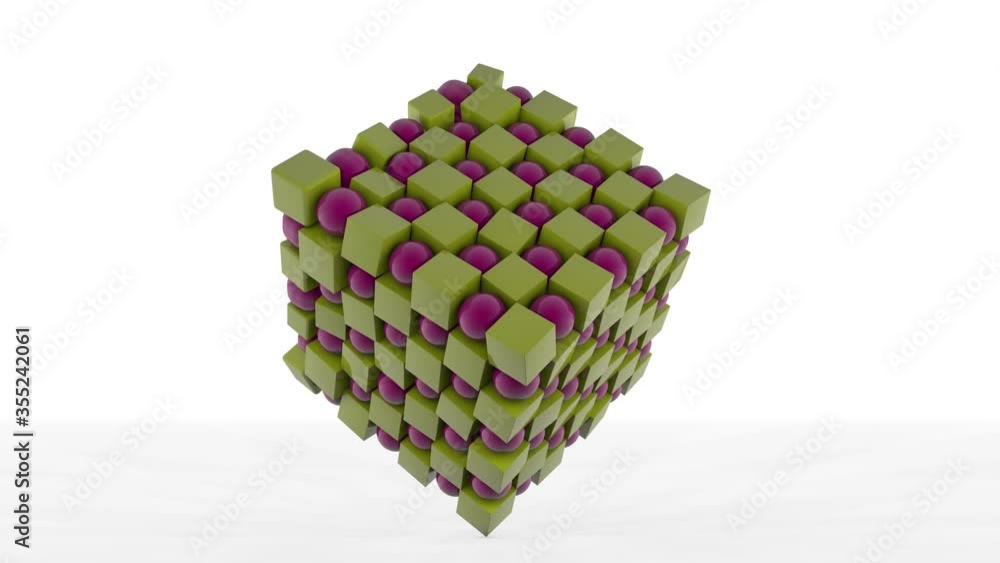 Poster 3d animation of a large cube consisting of many balls and cubes that turn by changing shape. abstrac
