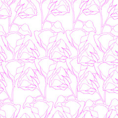 Vector seamless pattern with pink outline silhouettes of flowers. Isolated on blue background