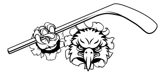 An eagle ice hockey player animal sports mascot holding a hockey stick