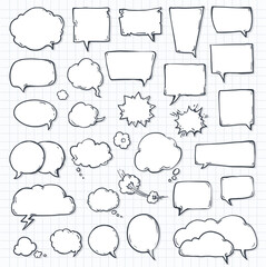 set of speech bubbles on notepad sheet paper with shadow. doodle or cartoon, sketch drawing call-outs set, communication design elements