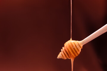 Honey sliding on a wooden spoon with a dark background