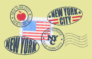 Postal stamp symbols 'New York City'. U.S. flag (engraved, woodcut effect).