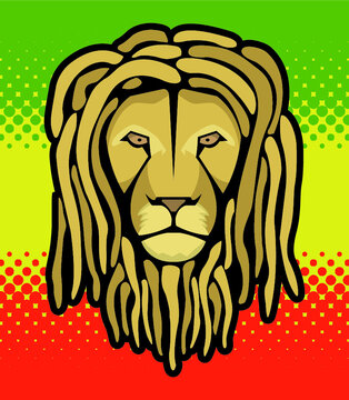 Lion's head with dreadlocks and reggae halftone flag background...for t-shirts, posters...