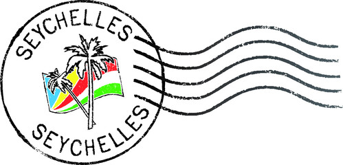 Postal grunge stamp ''Seychelles''. White background.