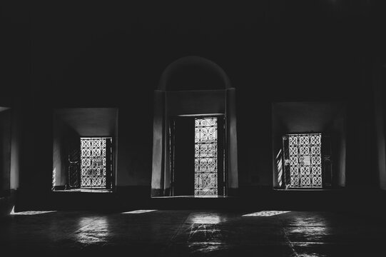 Black and white photo of the interior of the Moroccan building