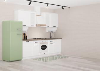 Interior with white classic kitchen with green fridge and light brick walls. Kitchen interior with empty place for text. 3D rendering.