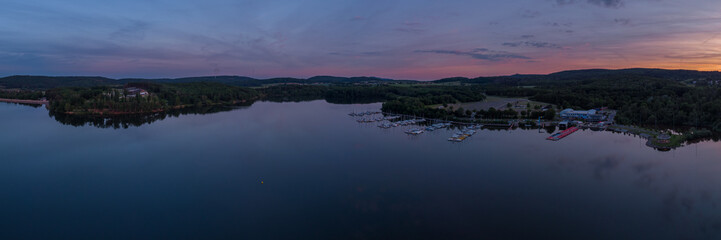 Fototapeta na wymiar Panoramic view on the reservoir Bostalsee at Nohfelden in Germany.