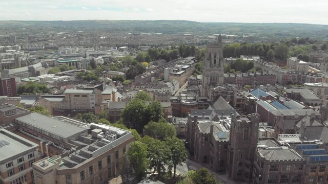 Aerial drone view of city center of Bristol, UK