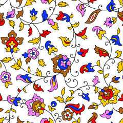 colorful vector floral flower leaf kalamkari outline pattern design.