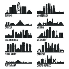 Mexico Cities Most Famous Skyline City Silhouette Design Collection Set Pack - obrazy, fototapety, plakaty