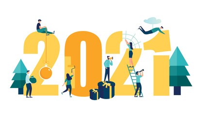 Vector illustration small people are preparing for the new year, are engaged in decoration, the inscription New Year 2021
