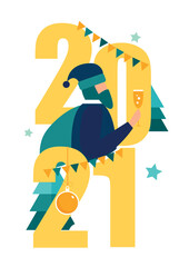 Vector illustration of the preparation for the new year, are engaged in decoration, the inscription New Year 2021, congratulation