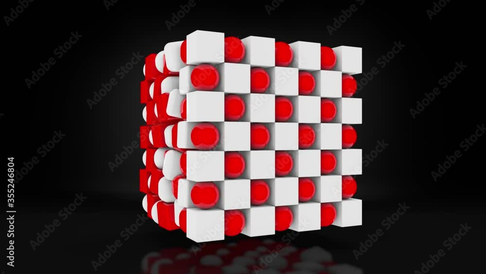 Poster 3d animation of a set of white balls and red cubes arranged in an order, the shape of a cube. object