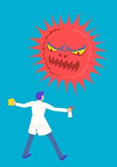 the doctor holding disinfectant spray and fabric wipe for fighting with coronavirus covid-19