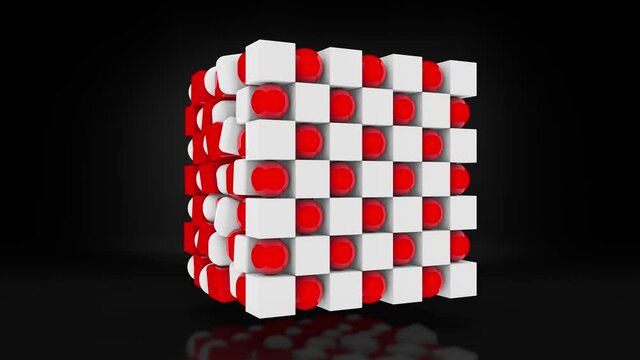 3D animation of a set of white balls and red cubes arranged in an order, the shape of a cube. Objects change shape and are restored. An entertaining toy.