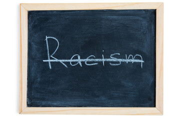 Fototapeta premium Stop racism - written on chalkboard. Concept message