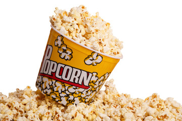 bucket of popcorn on white background.