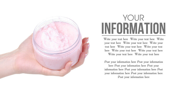 Bottle pink scrub for body in hand on white background isolation