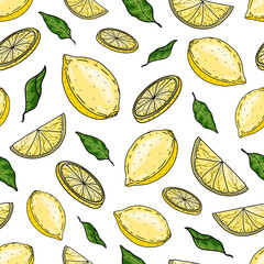 Vector hand drawn seamless pattern with whole and sliced lemons with leaves. Graphic texture for package, wrapping paper, label, banner, fabric, advertising, print.