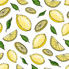 Tapeten Zitronen Vektor handgezeichnetes nahtloses Muster mit ganzen und geschnittenen Zitronen mit Blättern. Grafische Textur für Paket, Packpapier, Etikett, Banner, Stoff, Werbung, Druck.