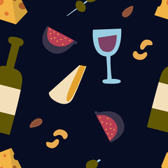 Wine and appetizers seamless pattern on dark background. Bottle, glass of wine, nuts, figs, olives and cheese. Vector hand drawn background for winery, bar, food store, kitchen stuff. 