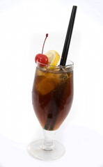 Cuba Libre cocktail on white background with straws and garnish..
