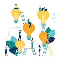 Vector flat illustration, business meeting and brainstorming, business concept for teamwork, searching for new solutions, little people are sitting on light bulbs in search of ideas