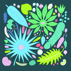 Tropical plants and palms leaves nuts and seeds isolated on background. Stylised cartoon hand drawn decorative vector elements for design. 