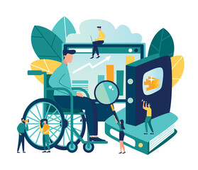 Vector flat illustrations, online courses for employees with disabilities, advanced training, analysis of infographics. 